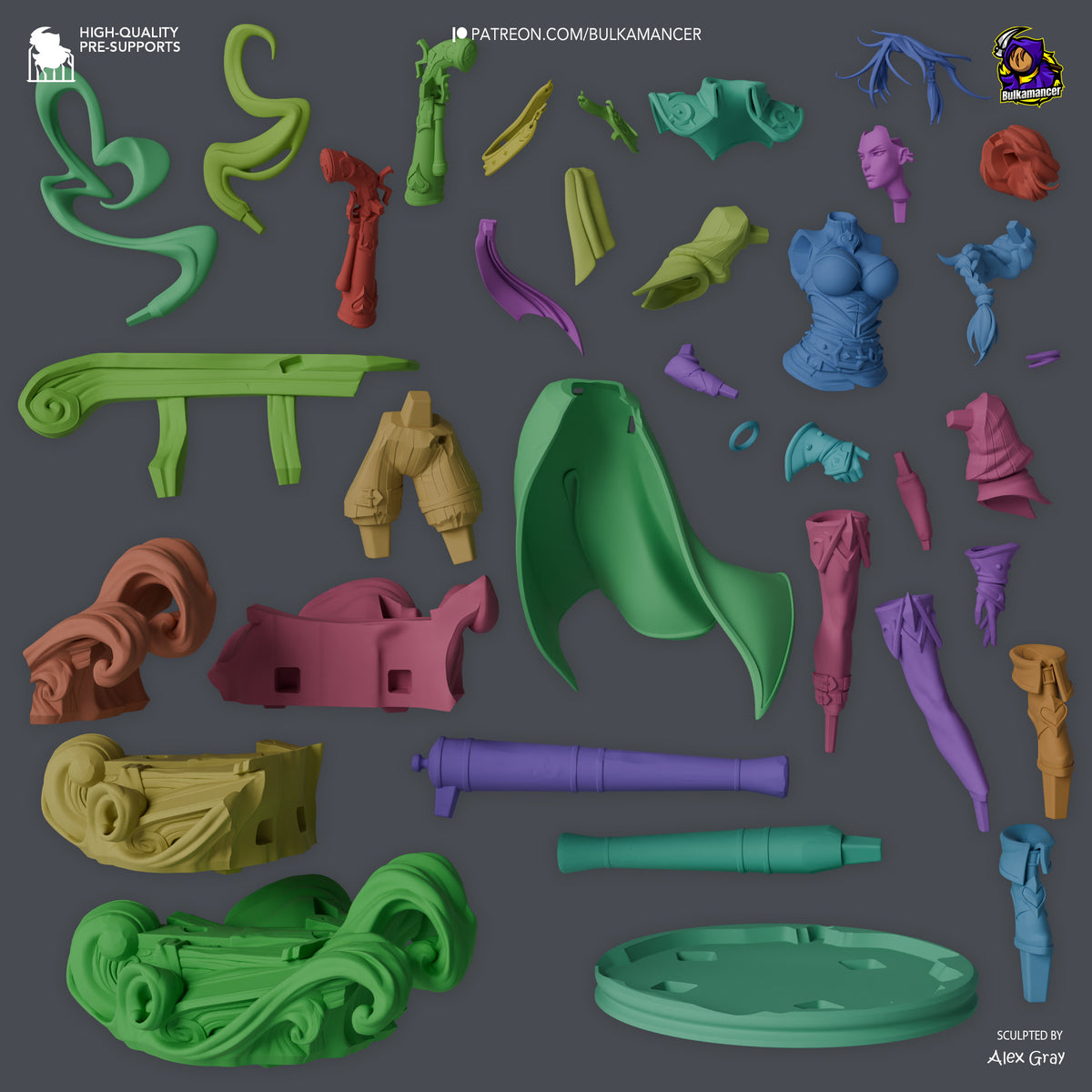 Unpainted resin figure parts for Miss Fortune from League of Legends arranged on gray background, including weapons, clothing pieces, tentacles, and accessories sculpted by Alex Gray.