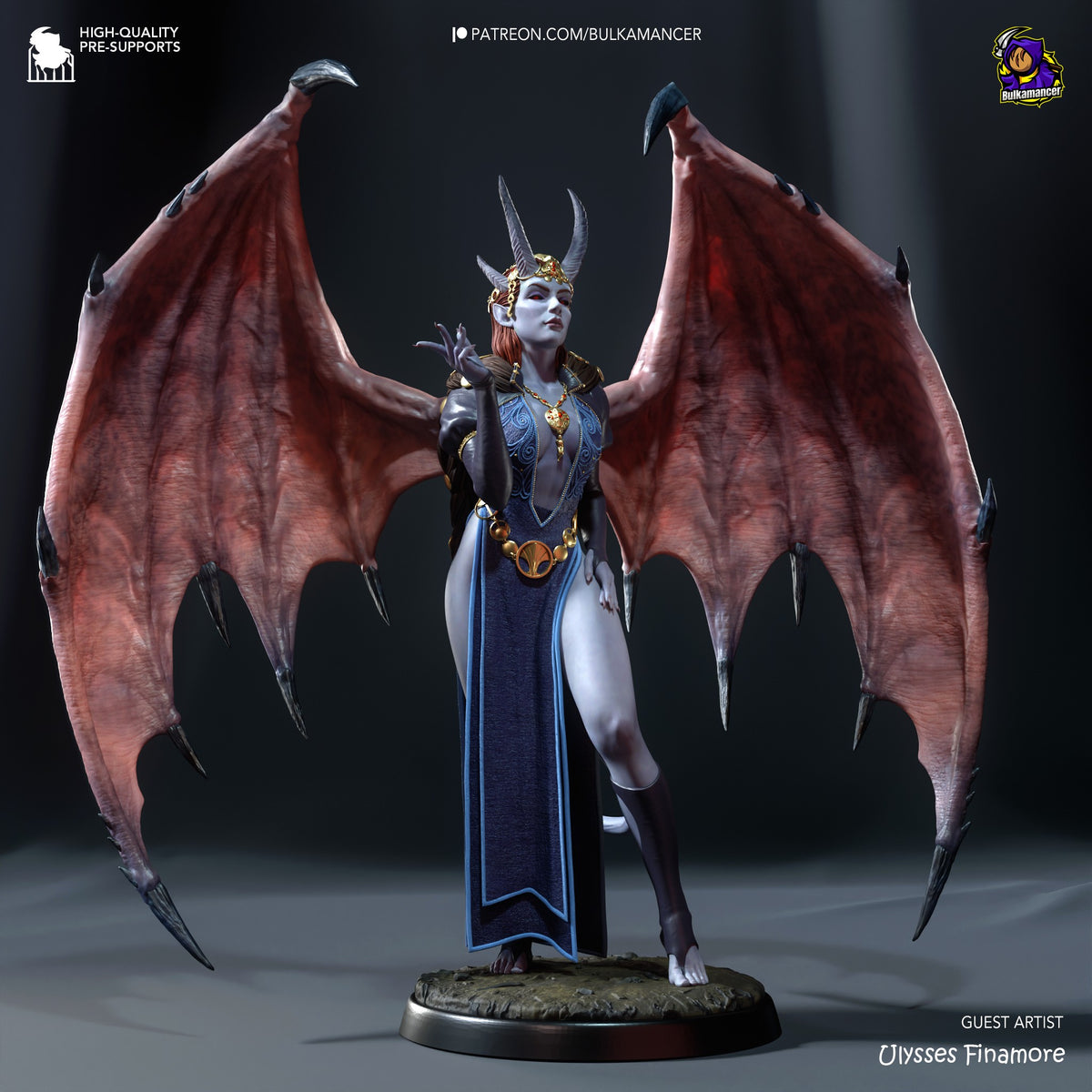 Mizora resin figure from Baldur's Gate in heroic pose with massive crimson wings spread wide, detailed armor and jewelry, on circular base.