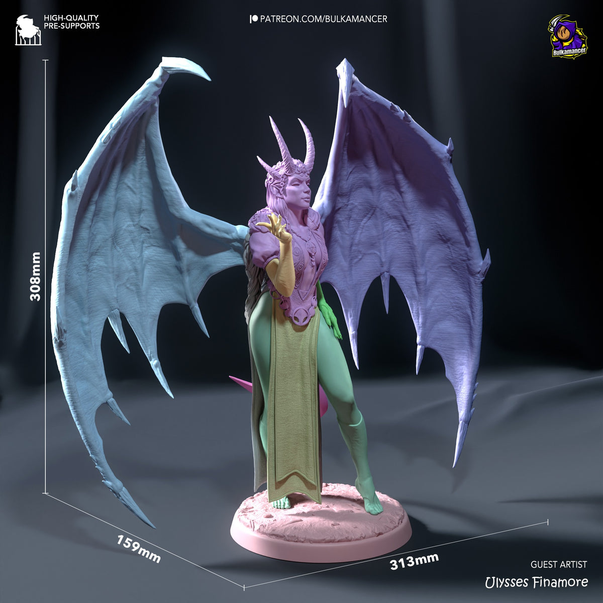 Mizora resin figure from Baldur's Gate shown at scale with wings spread, purple skin and horns, standing on pink base, 308mm tall.