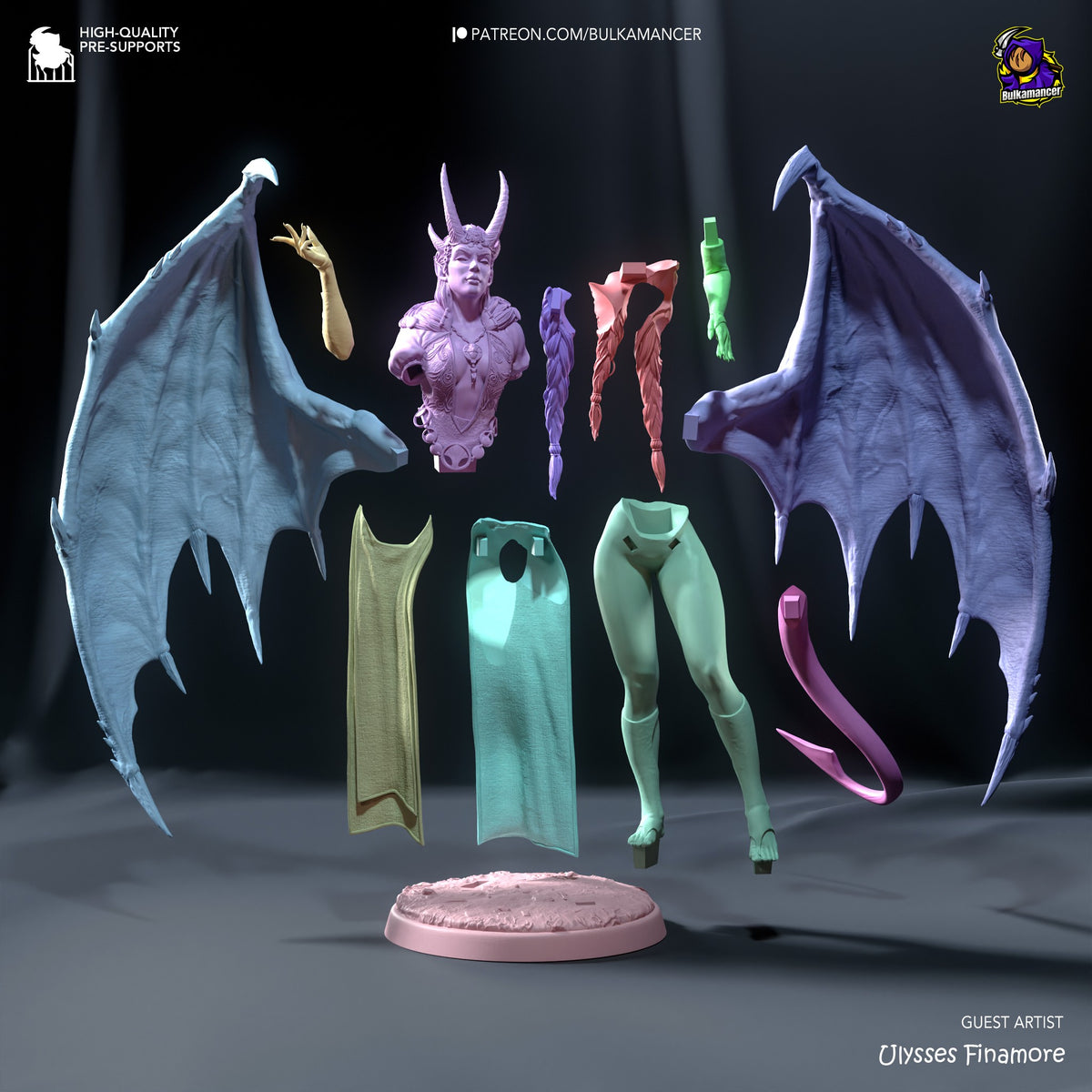Mizora resin figure parts layout showing painted bust, wings, clothing pieces, accessories, and unpainted legs on display base, by Bulkamancer.