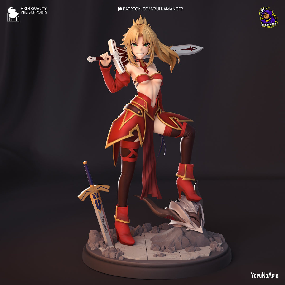 Crimson Renegade resin figure from Destiny Oath, posed dynamically with dual weapons on rocky base, red and gold armor painted with detailed highlighting.