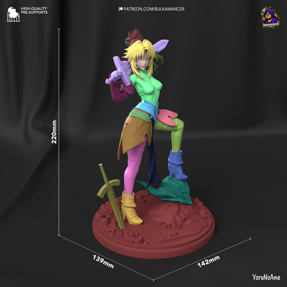 Crimson Renegade resin figure at 220mm height, shown at three-quarter angle on textured base with sword, displaying colorful painted details and dynamic pose.