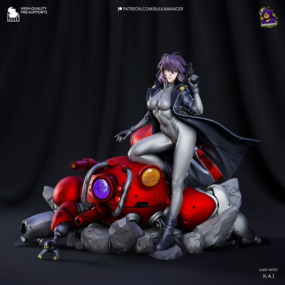 Motoko Kusanagi resin figure posed on red mecha ruins base, purple hair, black tactical suit, holding pistol, fully painted with detailed base.