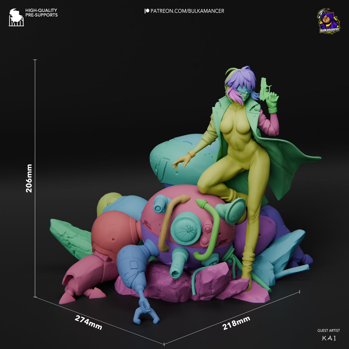 Motoko Kusanagi resin figure with colorful robot base, seated pose shown at 206mm height scale, painted in yellow and green tones.