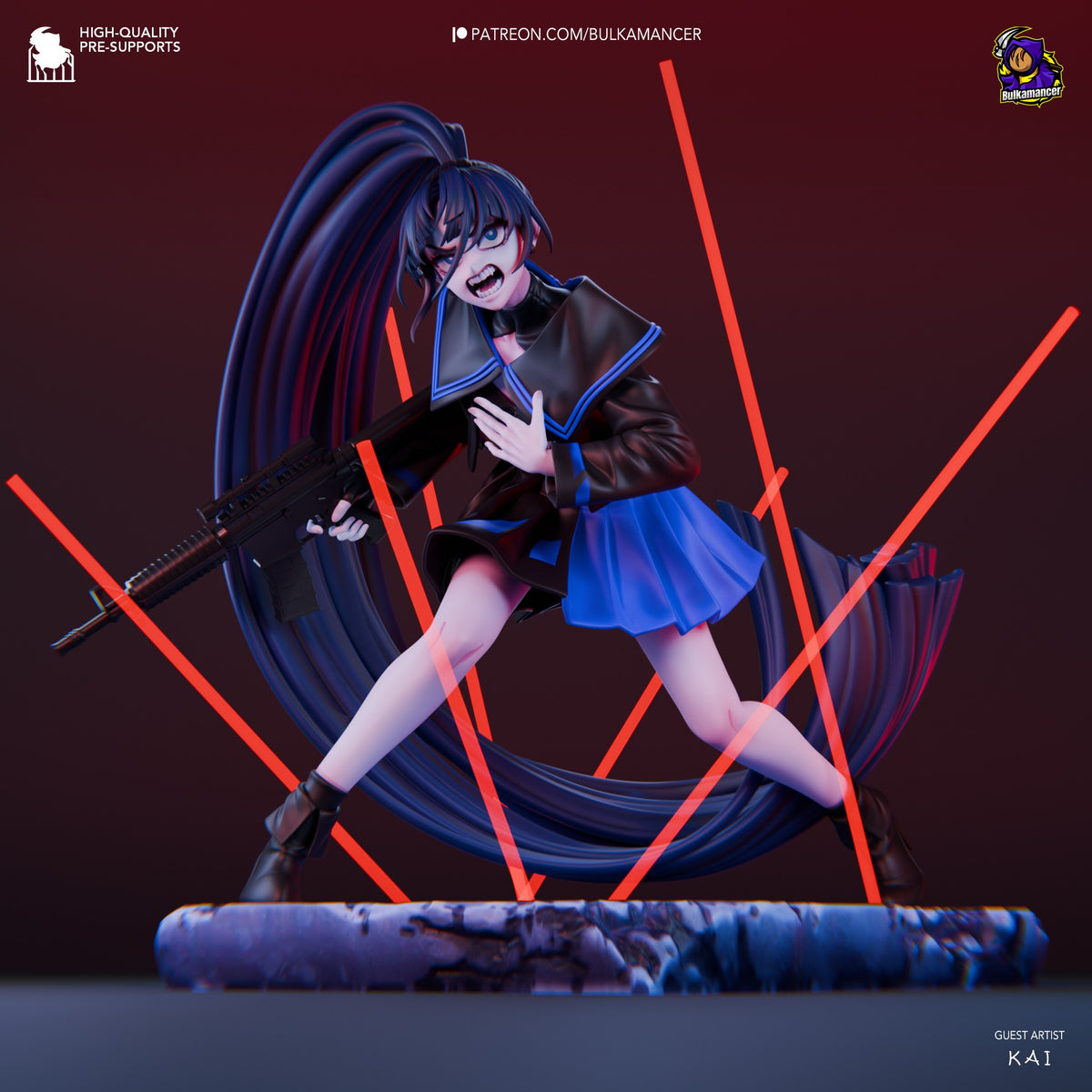 Naima from Ado 3D printed resin figure in dynamic action pose with rifle, blue hair flowing, blue skirt, black jacket, red laser effects, on themed base.