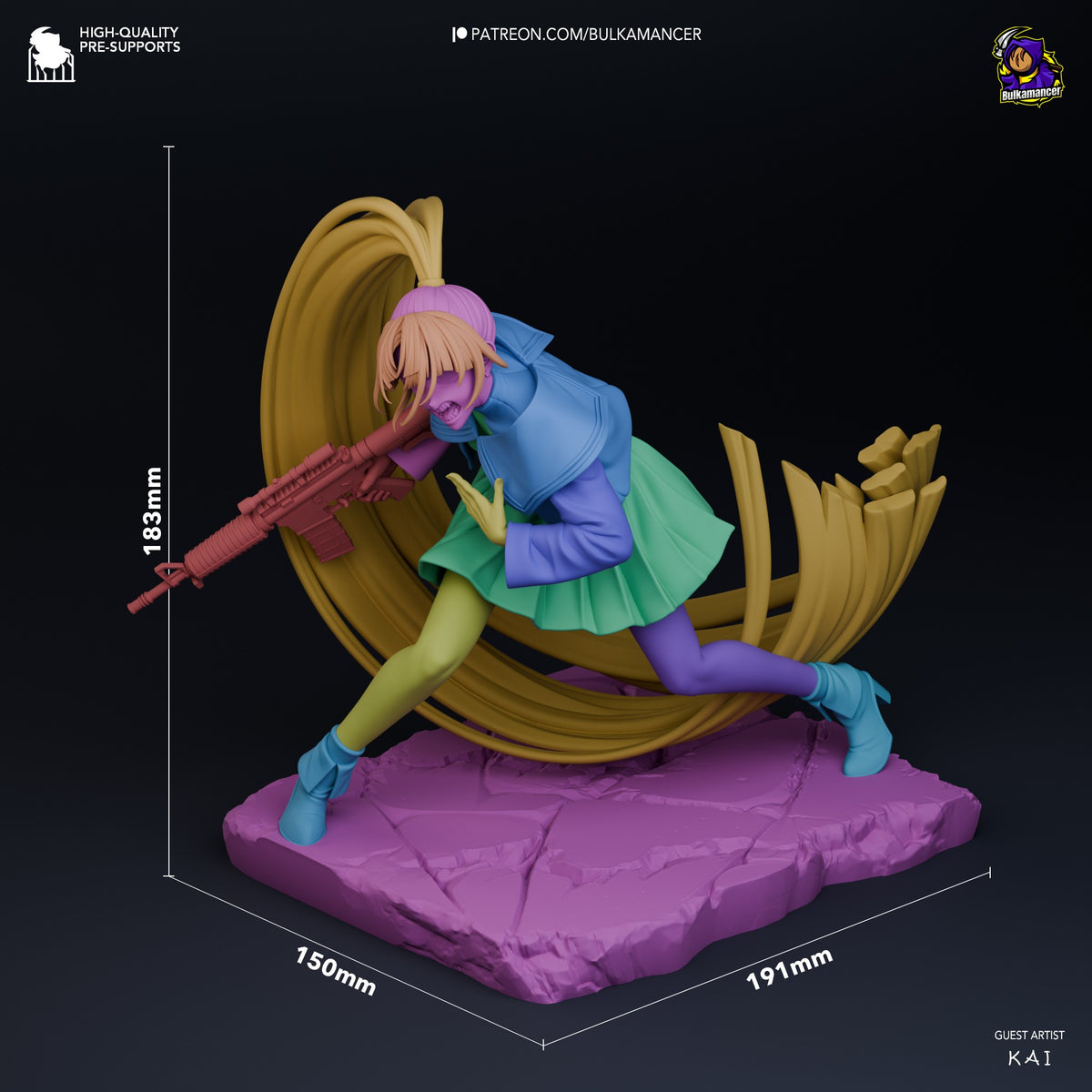 Naima resin figure from Ado shown at 183mm height with banana-shaped golden backdrop, colorful painted details, and purple textured base, displayed at three-quarter angle.