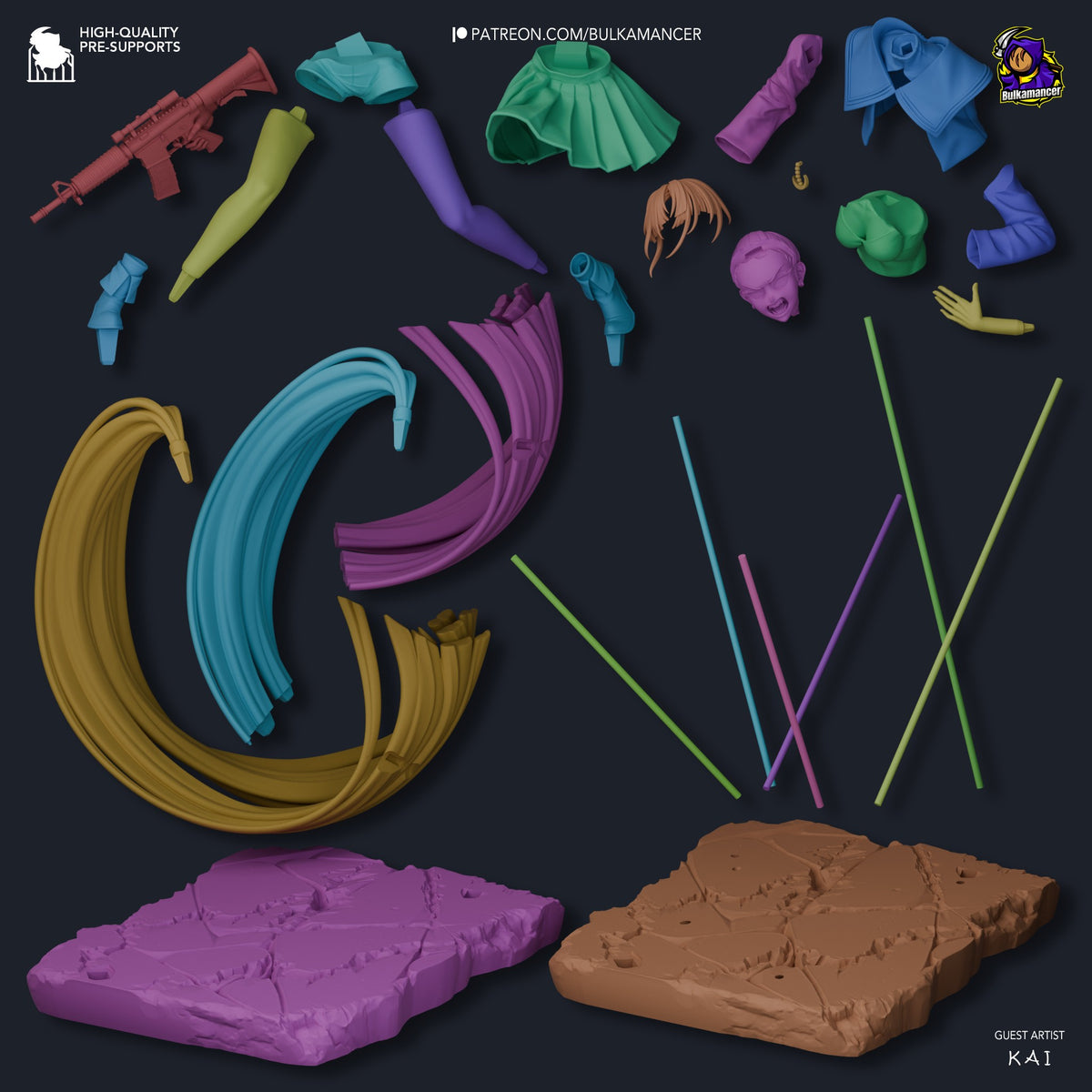 Colorful disassembled resin figure parts for Naima from Ado, including painted hair, clothing, limbs, and unpainted textured base pieces arranged on dark background.