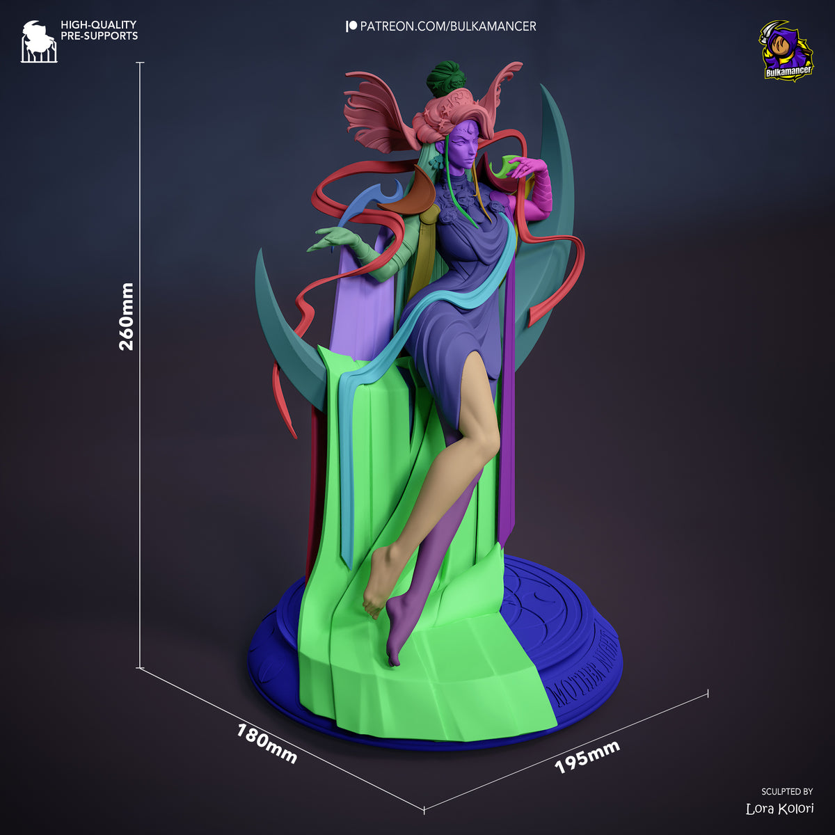 Nyx resin figure from Hades shown at scale with dimensions 260mm height, 180x195mm base. Purple-skinned character in dynamic pose with flowing fabrics and tentacle-like elements, vibrantly painted.