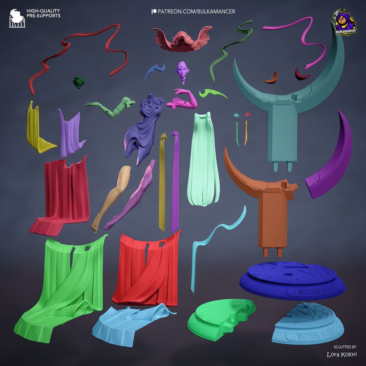 Nyx 3D resin figure parts laid out on gray background, showing painted head and torso, unpainted limbs, fabric elements, horns, and base pieces.