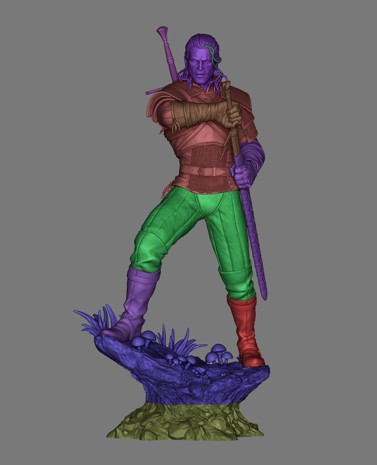 Geralt of Rivia resin figure in dynamic pose holding staff and sword, painted in purple skin, brown armor, green pants, purple boots, standing on textured base.