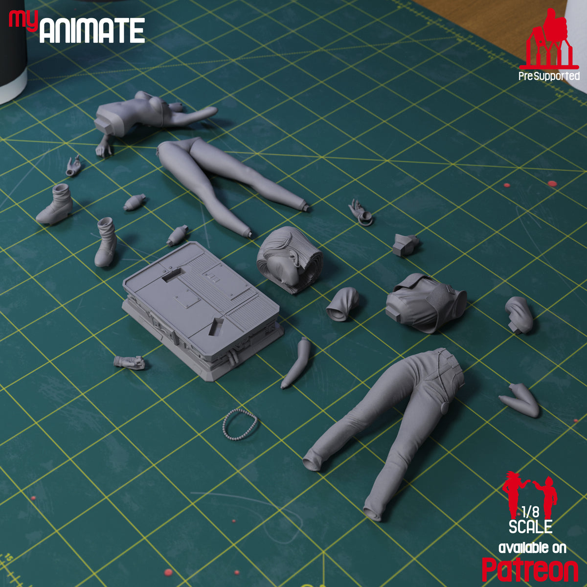Silver Cyborg from Dragon Sphere Y resin figure parts lie unpainted at varied angles with a sculpted base.