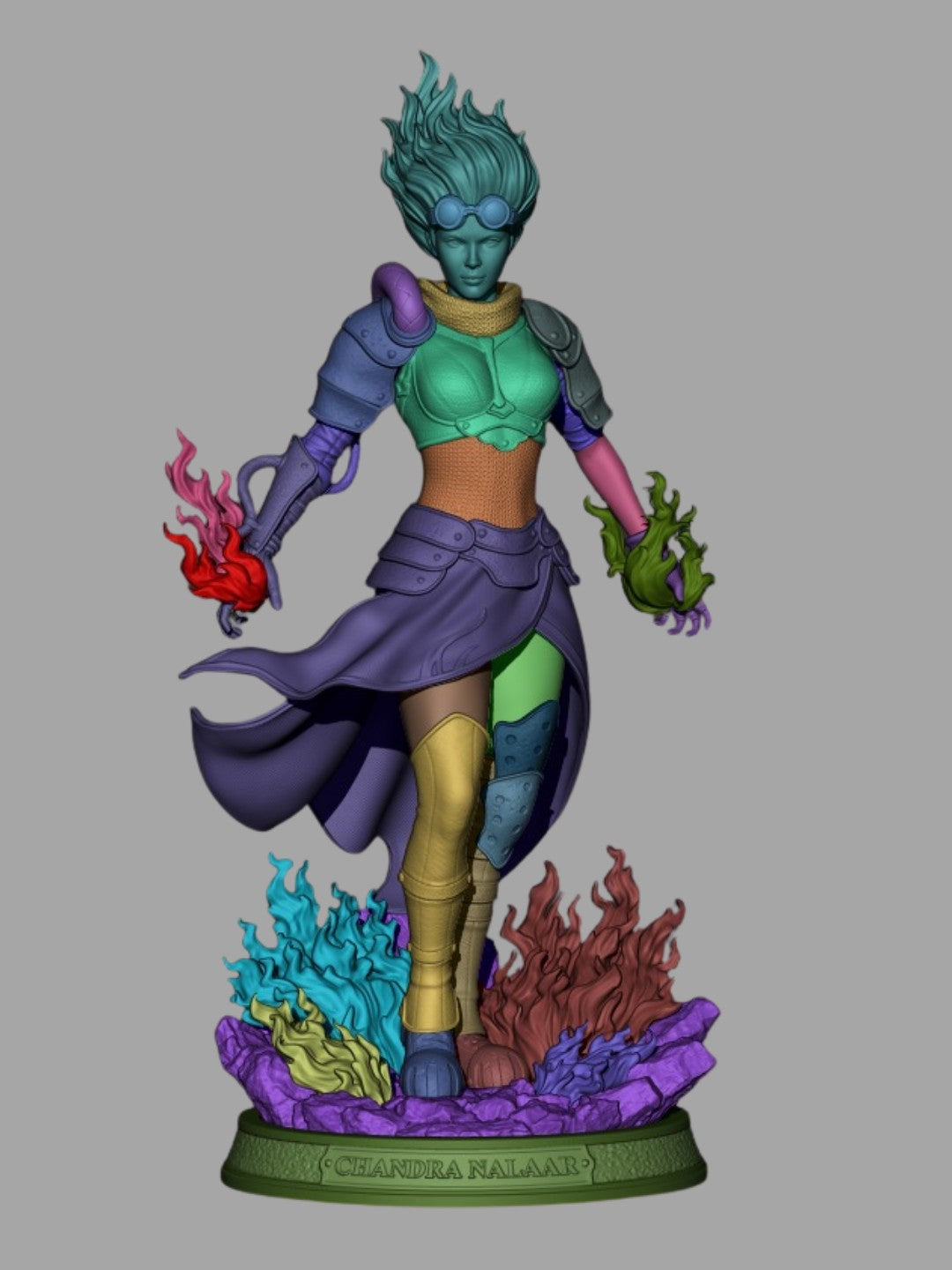 Chandra Nalaar resin figure standing with colorful flame effects at base, wearing purple and green armor with goggles, holding magical fire in both hands.