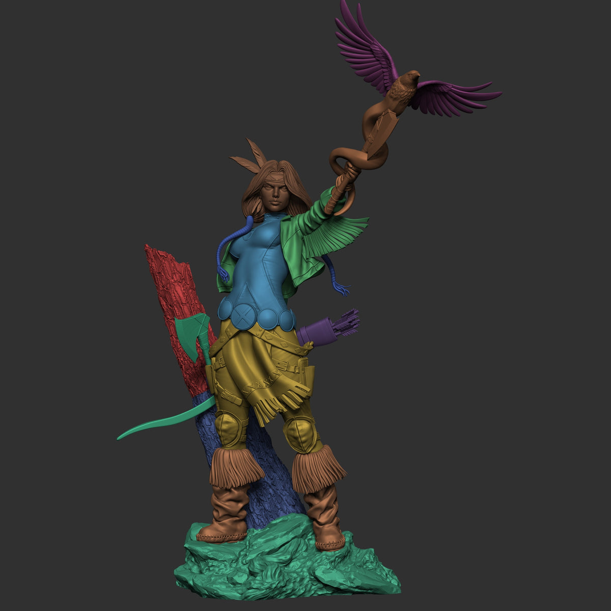 Spirit Arrow resin figure displayed in dynamic pose showing painted torso, limbs, and accessories with green base, demonstrating Heroic Multiverse character sculpt detail.