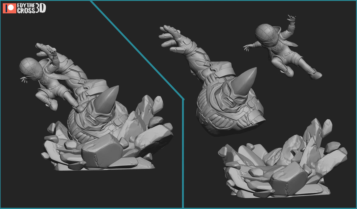 Unpainted parts of Brooklyn Teen from Spiderman resin Chibi figure show poses and rocky base.