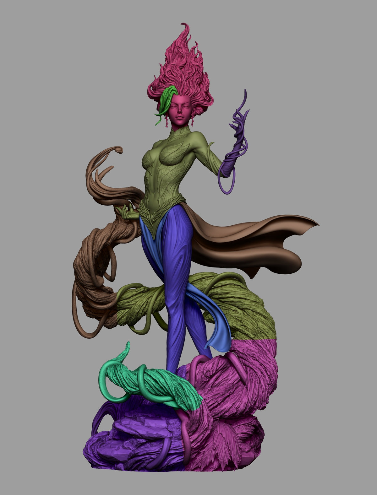 Gaia resin figure displayed at angle showing painted upper torso, purple legs, and colorful base with green and pink tentacle-like elements.