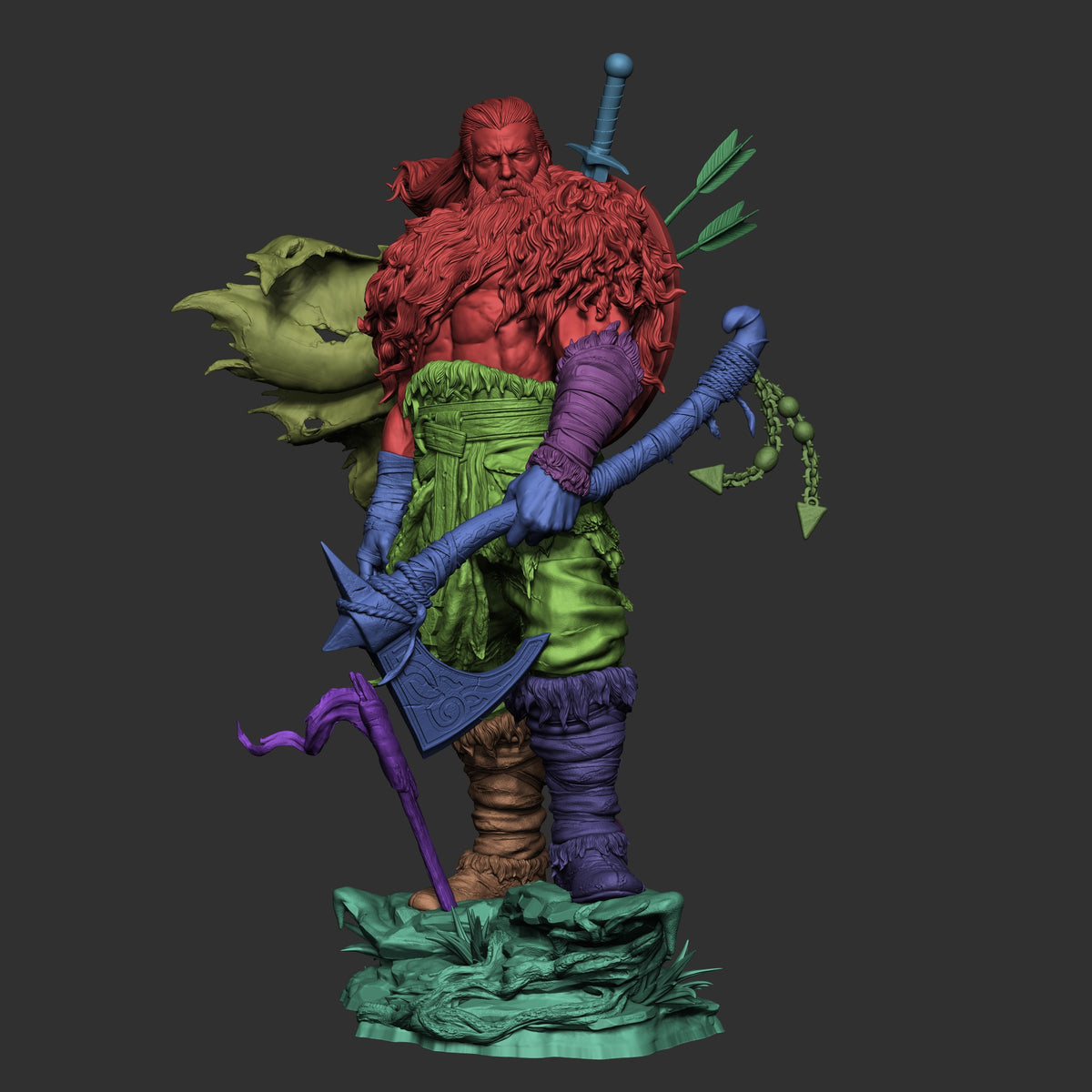 The North Warrior from Original Art is a front-view unpainted resin figure with axe, bow, and sculpted base.
