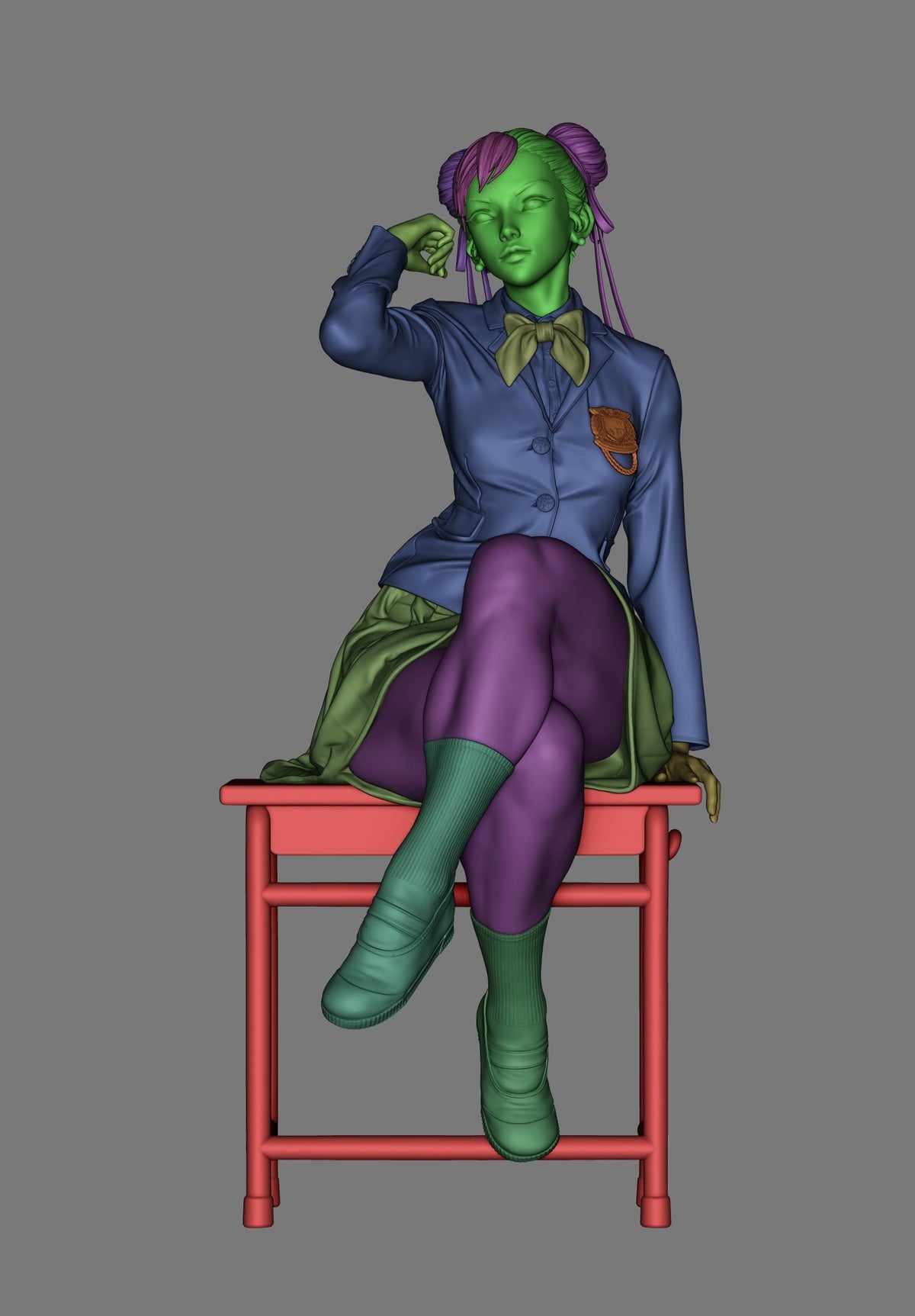 Chun-Li resin figure seated on red stool, showing painted upper body, torso, and legs with green skin tone and purple hair detail.