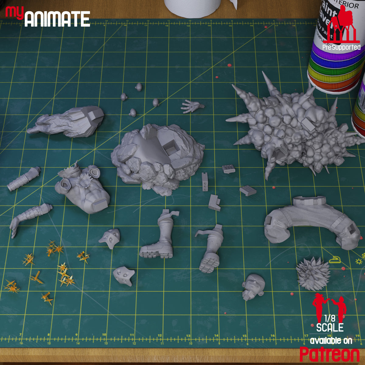 Bakugou Katsuki from My Hero Academia resin figure parts lie unpainted beside a sculpted base.