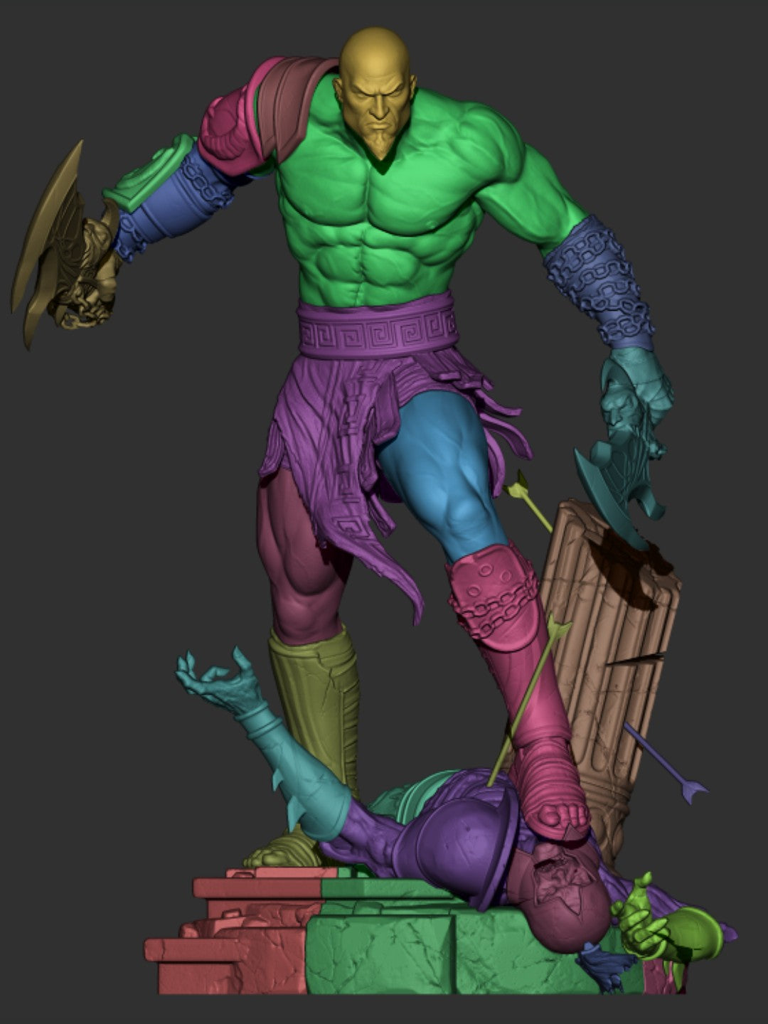 Kratos resin figure from God of War displayed in dynamic fighting pose on painted base, showing assembled body parts and detailed paint work.