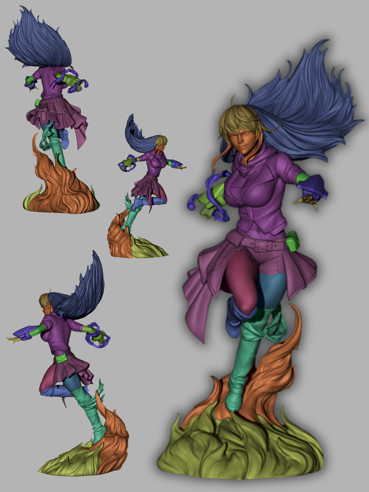 Yang Xiao Long resin figure parts display showing multiple painted components including head, torso, limbs, and textured base pieces in purple, green, and orange.