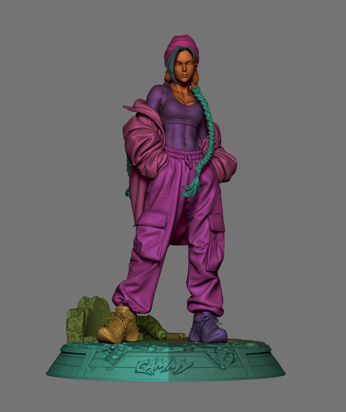 Cammy from Street Fighter resin figure standing in purple tactical outfit with green braided hair, posed on turquoise base with cactus details.