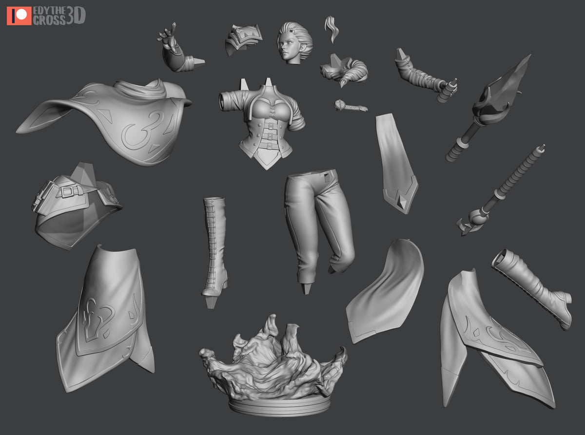 Unpainted Jaina Proudmoore from World of Warcraft resin figure parts surround a sculpted base.