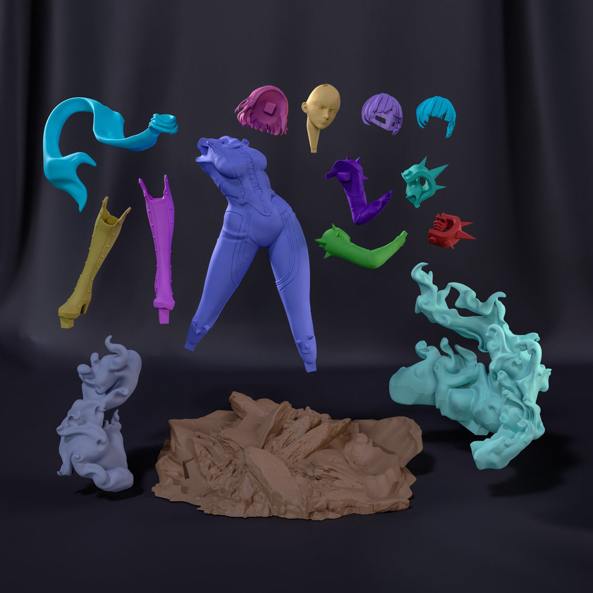Makoto Nijima resin figure parts display showing unpainted and painted components including head, torso, limbs, accessories, and decorative base elements against dark background.