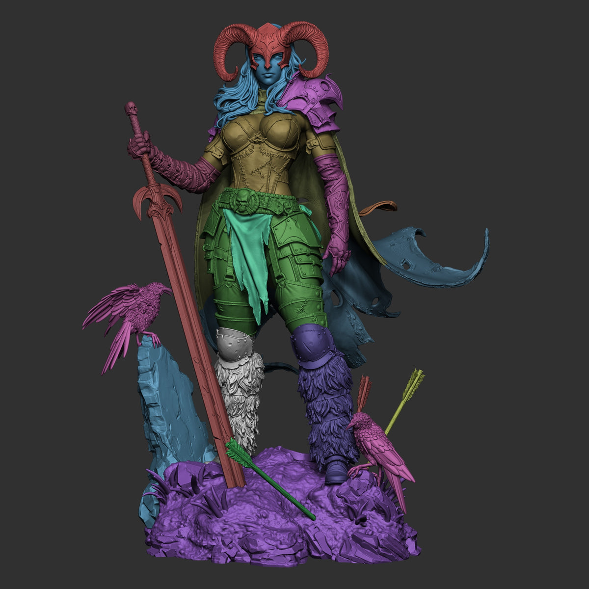 Colorful 3D printed resin figure of demon warrior with blue skin, ram horns, gold armor, green pants, holding curved sword and staff on purple base.