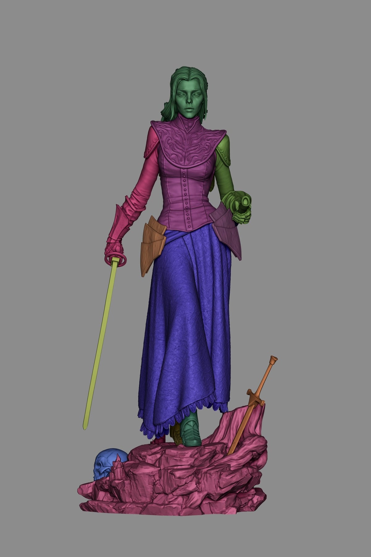 Yuria of Londor resin figure from Dark Souls, standing pose with staff and axe, green skin and purple outfit, mounted on pink rocky base.