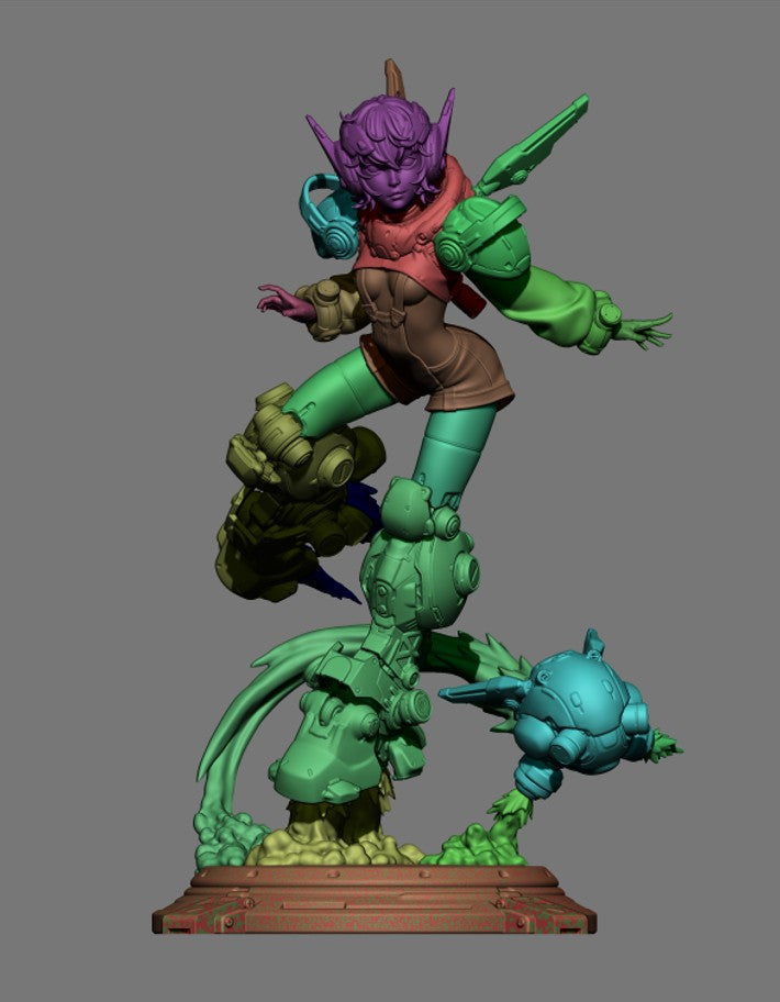 Nillai and BBlue resin figure stacked vertically showing all painted components: purple-headed character with weapons, green armored torso, and blue spherical companion on wooden base.