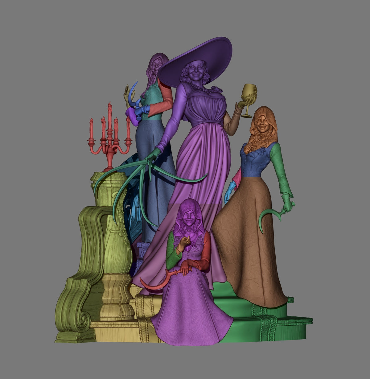 Lady Dimitrescu from Resident Evil resin figure parts are front-facing, unpainted, with sculpted bases.