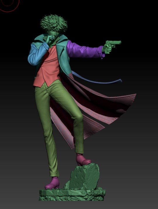 Spike Spiegel resin figure in dynamic pose with gun raised, colorful paint details, flowing coat, standing on textured base.