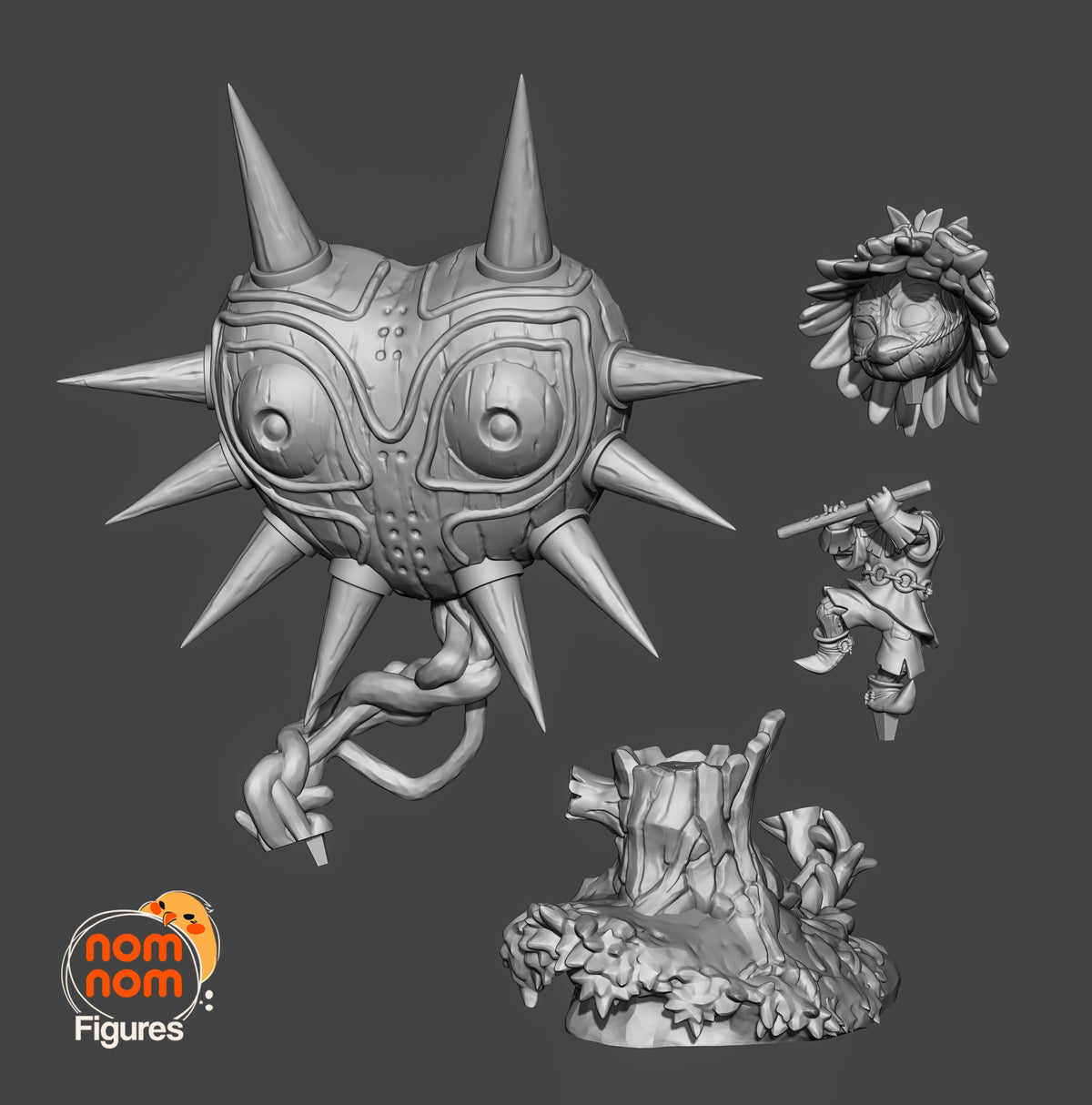Unpainted Masked Trickster from Tales of Daelz resin Chibi figure parts surround a stump base.