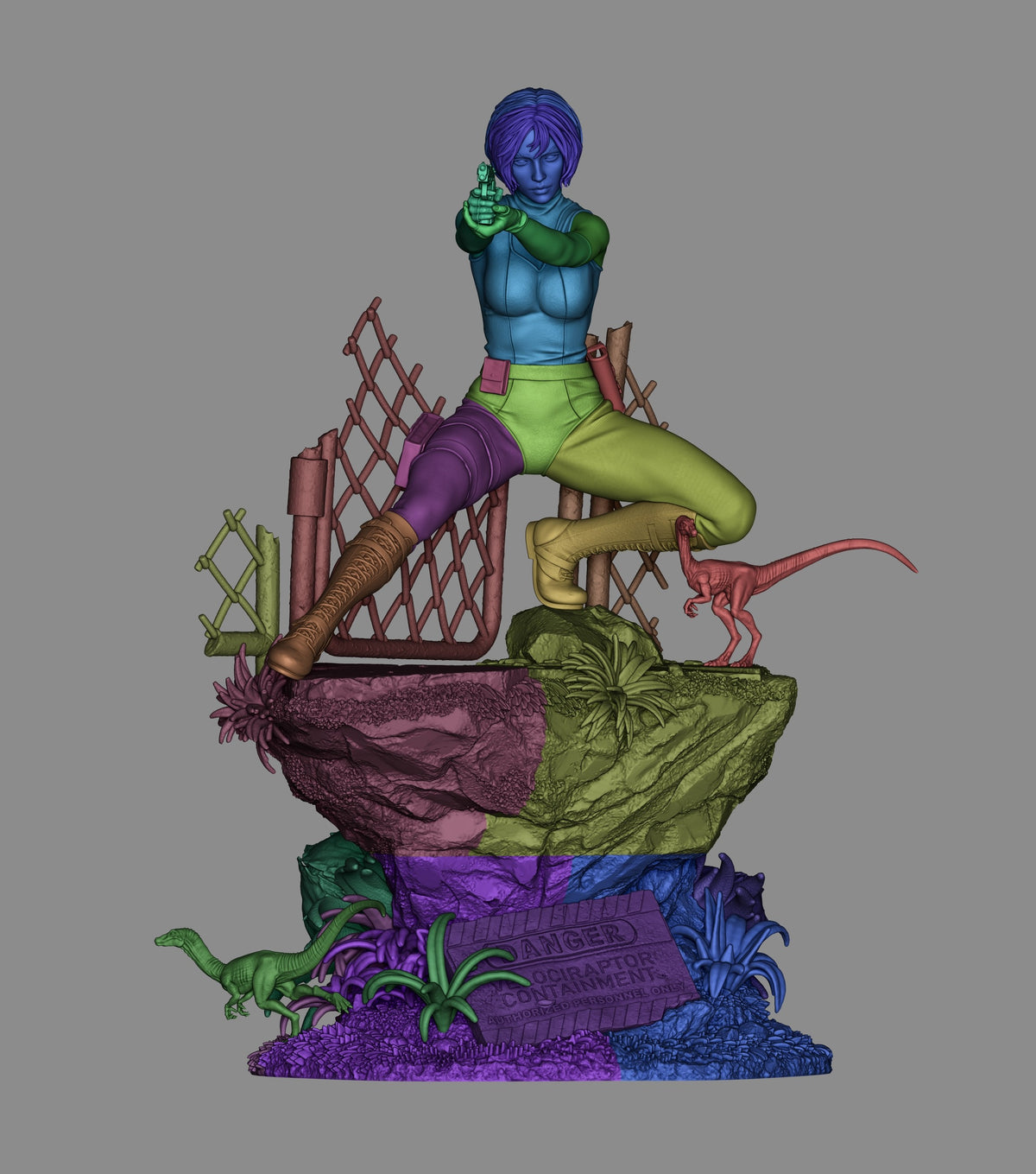 Regina from Dino Crisis resin figure shown assembled on colorful tiered base with dinosaur and environmental details, posed with weapon raised.