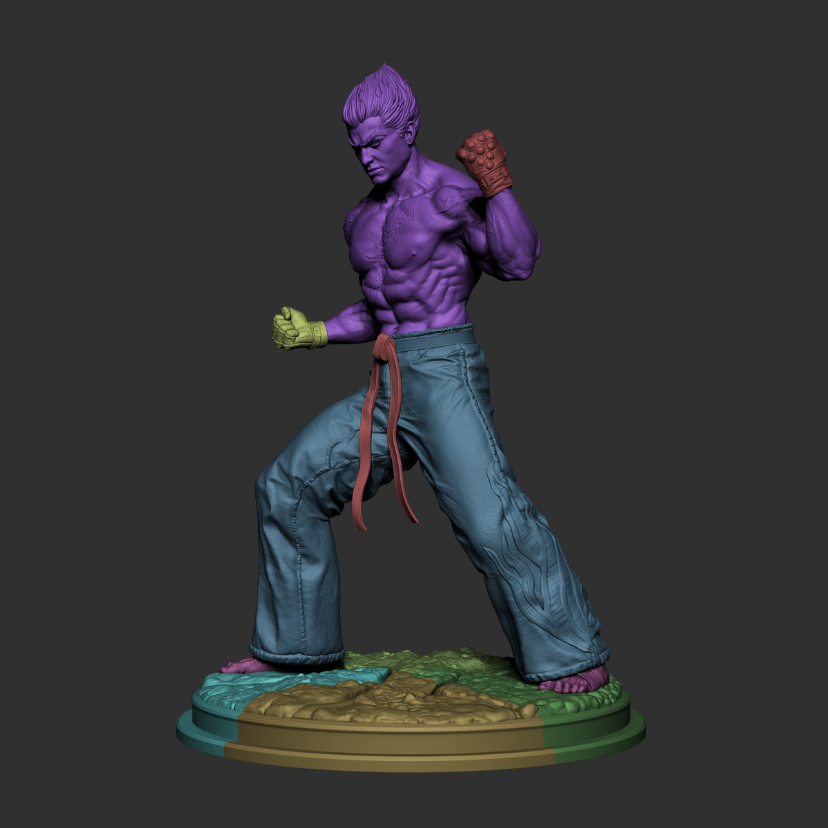 Kazuya resin figure in boxing stance, purple painted torso with yellow gloves, blue unpainted pants, multicolored base, side angle view.