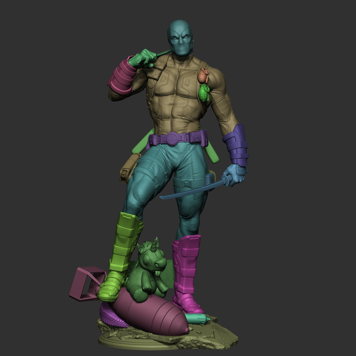 Deadpool resin figure from Antihero Chronicles displayed in dynamic fighting pose, showing painted torso, limbs, and head with unpainted base and accessories.