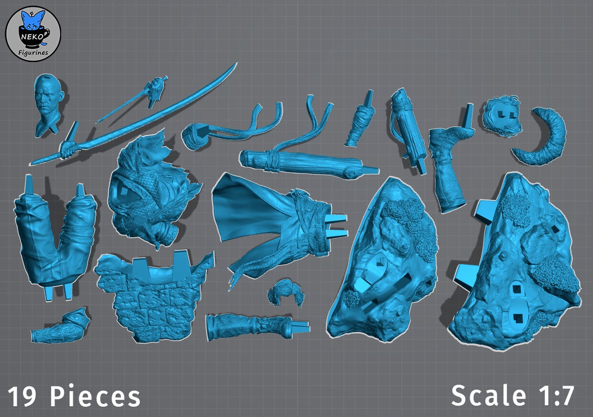 Unpainted Verso from Expedition 33 resin figure parts include weapons, limbs, cloaks, and sculpted bases.