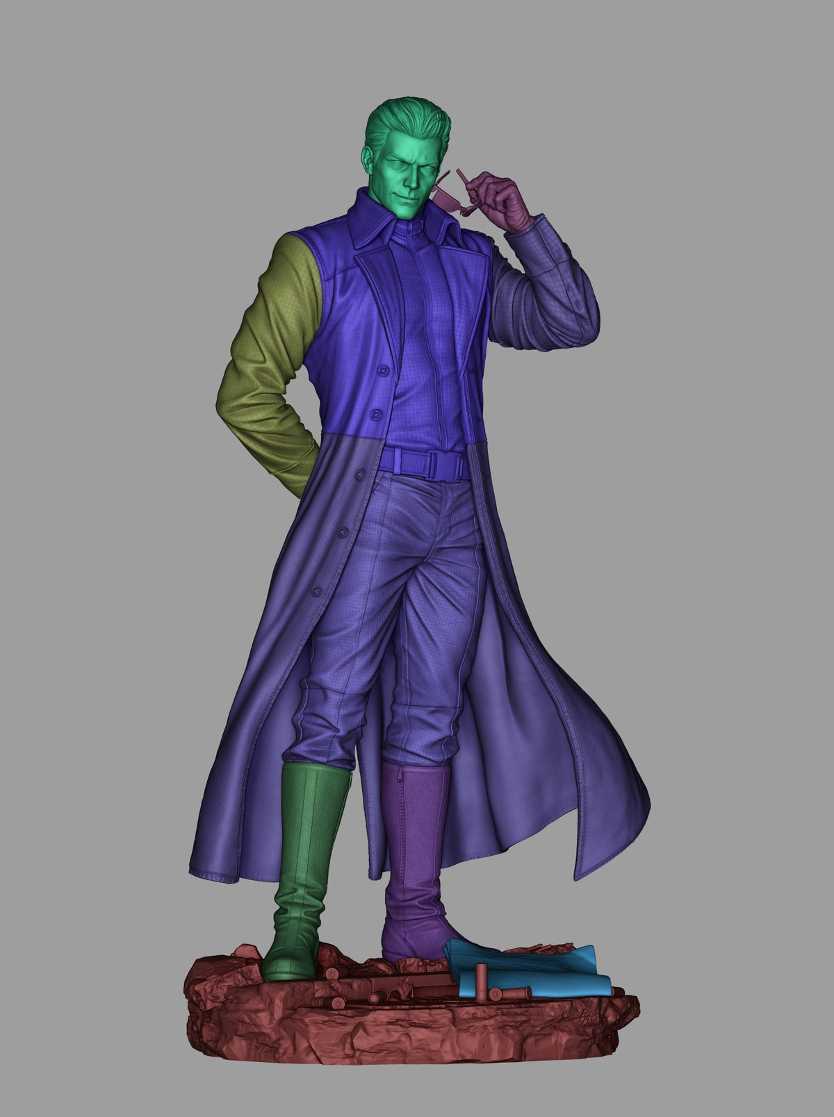 Albert Wesker resin figure from Resident Evil in purple coat posed with shoulder raise, showing painted green skin and unpainted base with accessories.