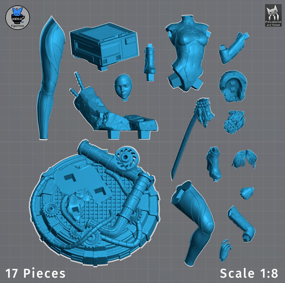 Unpainted Evie from Stellar Blade resin figure parts are arranged around a sculpted base.