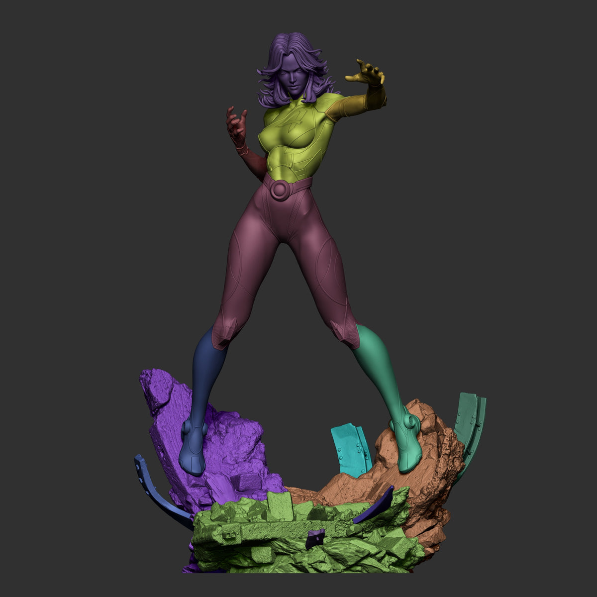 Veil Vanguard resin figure from Quantum Quartet in dynamic pose with painted torso and head, displaying multicolored unpainted base components arranged separately below.