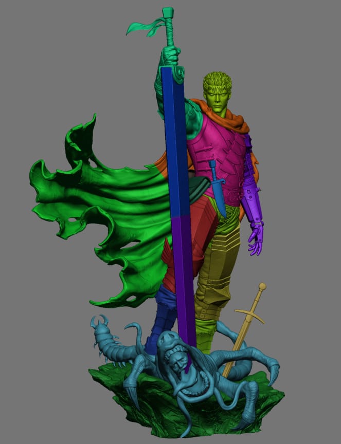 Guts from Berserk 3D printed resin figure shown from front angle with painted armor, cape, and weapons displayed separately on green base.