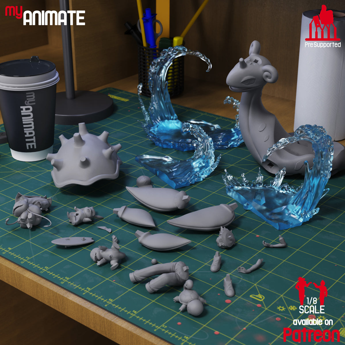 Parts of the unpainted Ash, Lapras, Pikachu, Charmander, Bulbasaur and Squirtle Figurine from Pokémon resin diorama.