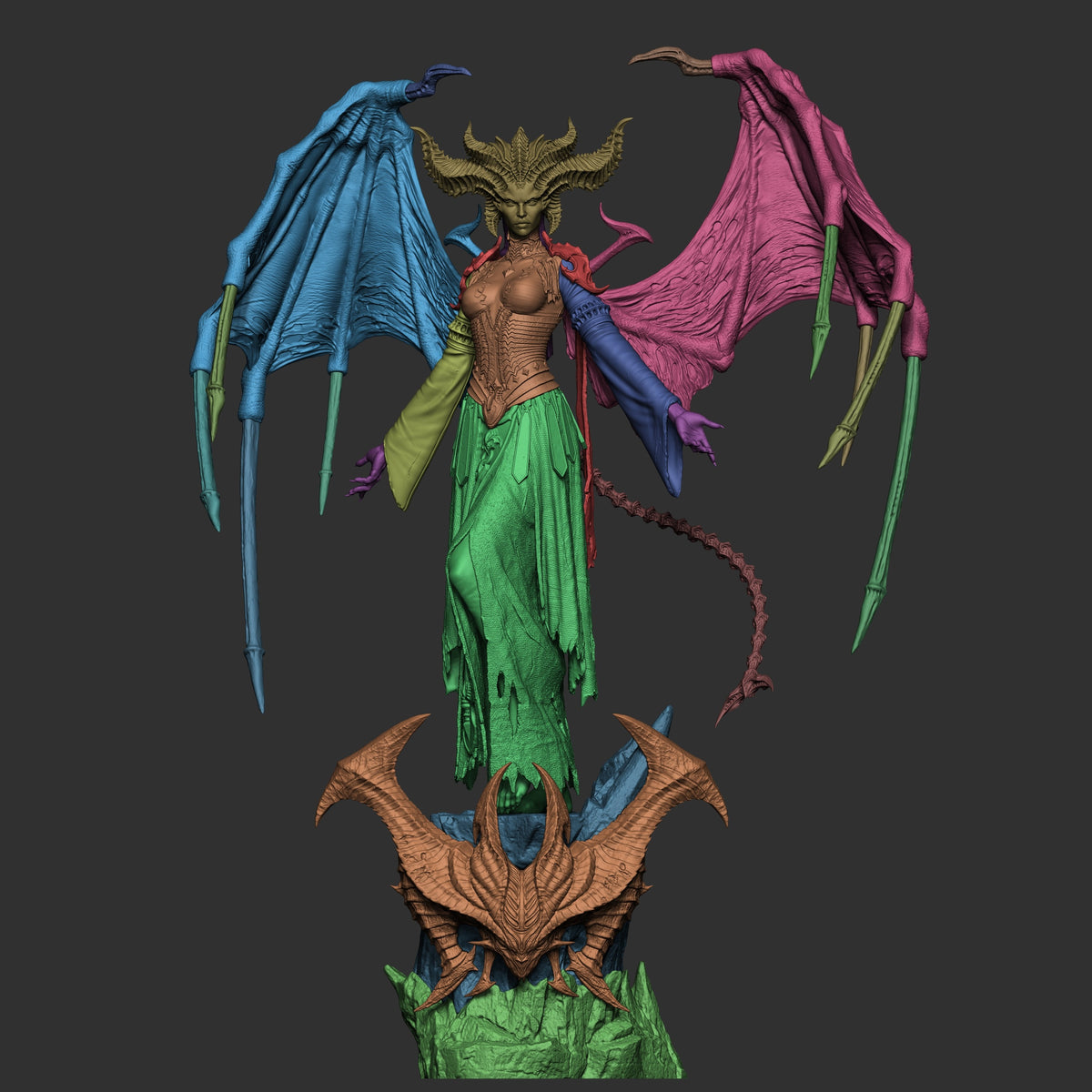 Lilith from Diablo resin figure shown front-facing in painted parts, with wings, tail, armor, and sculpted base.