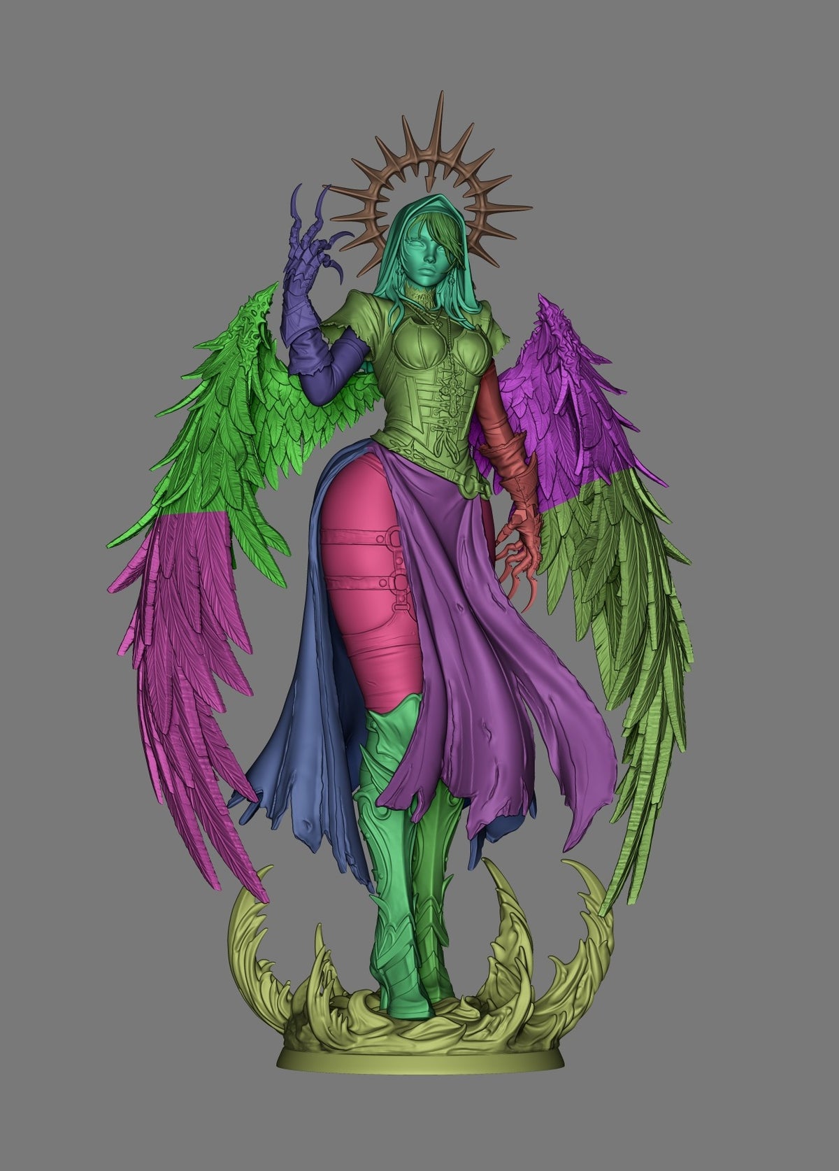 Corrupted Nun resin figure front view showing painted wings, armor torso, and elaborate base with flowing fabric details.