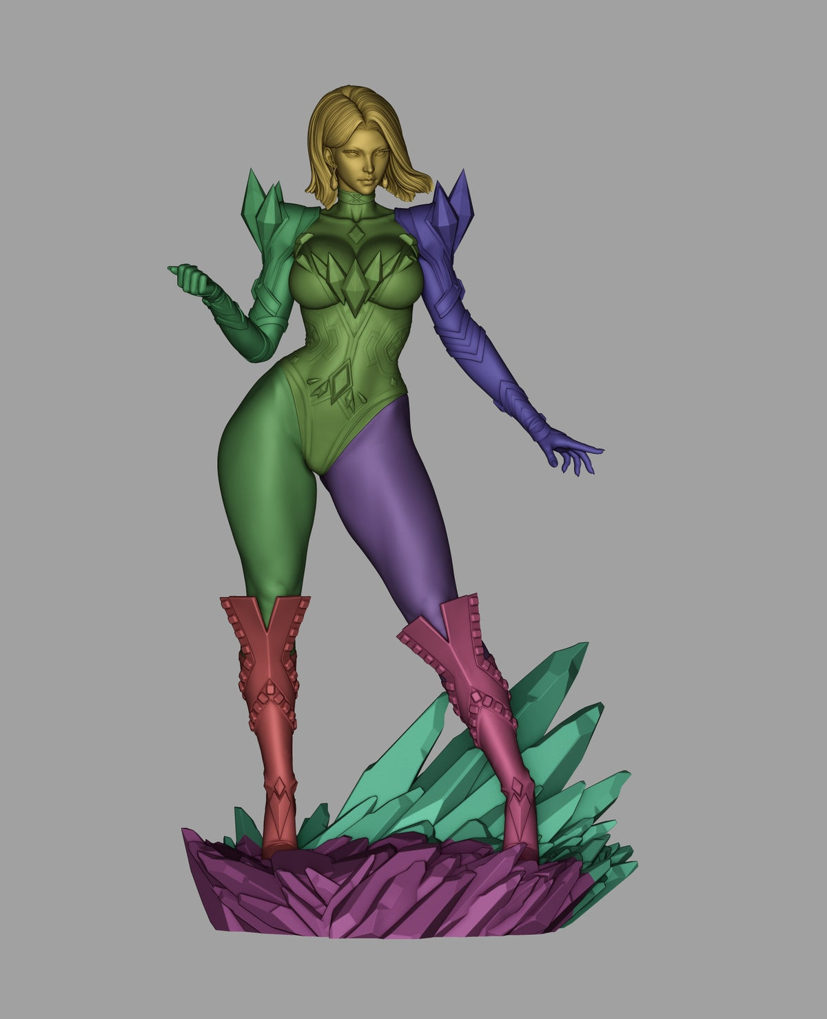 Arctic Telepath from Super Rivals resin figure shows colored parts assembled over a crystal base.