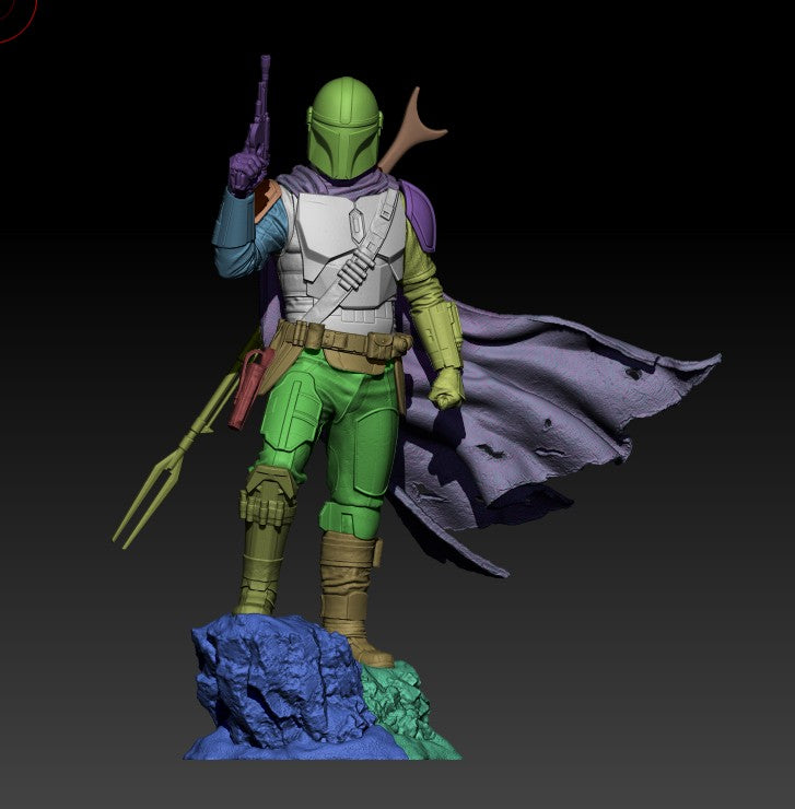 The Mandalorian from Outer Rim Hunter is an unpainted resin figure with rifle, cape, and sculpted rocky base.