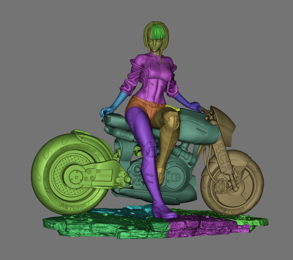 Lucy from Cyberpunk Edgerunners resin figure displayed on textured base, seated on futuristic motorcycle with detailed painted torso and limbs in vibrant colors.