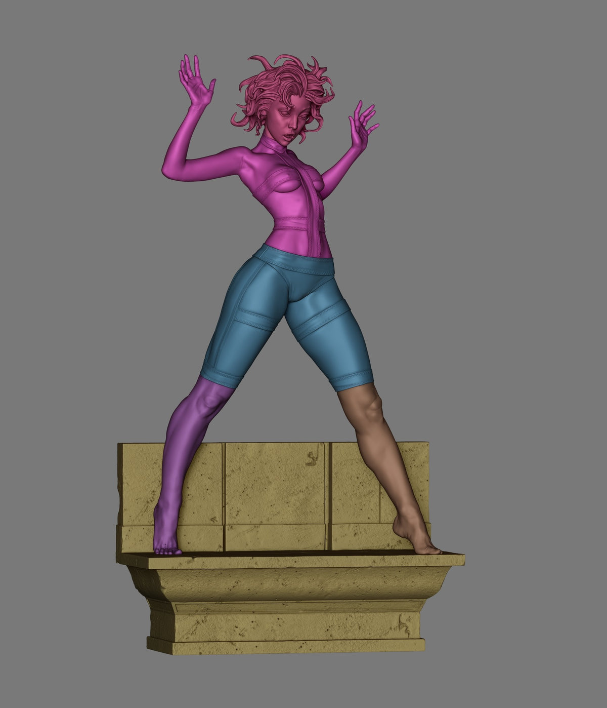 Leeloo from The Fifth Element stands with raised hands on a sculpted base as an unpainted resin figure.