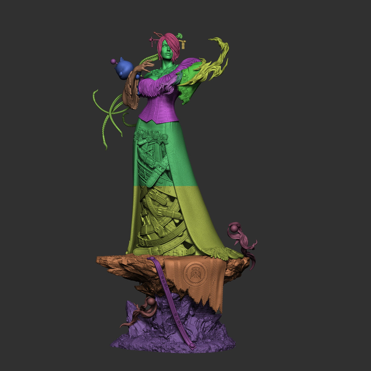 Lulu from Final Fantasy resin figure shown front-facing, with color-separated parts on a sculpted base.