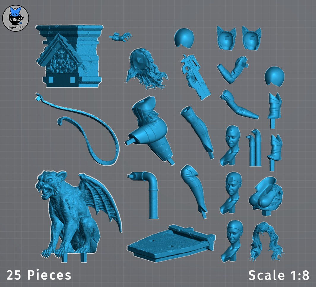 Unpainted resin figure parts for Night Vigilante & Alley Cat from Batman, including base and gargoyle.